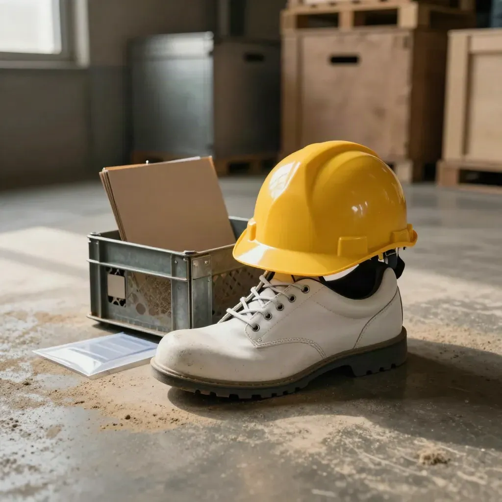Scarpa antinfortunistica, elmetto e fascicolo chiuso su pavimento di capannone illuminato dal sole.