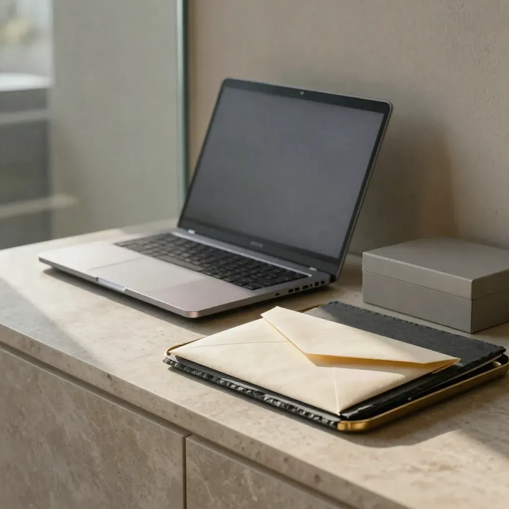 Angolo di lavoro legale con laptop chiuso, busta sigillata e cartella archiviata in luce morbida.