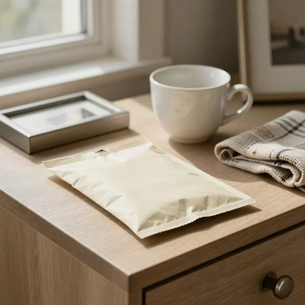 Salotto caldo con accordo chiuso, tazza in ceramica, plaid e cornice capovolta.