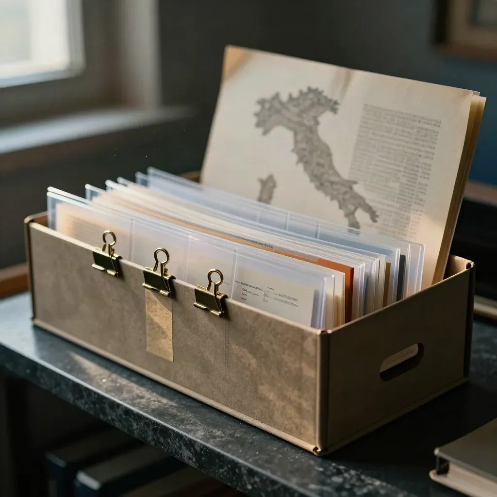 Archivio ricostruito con fascicoli, buste trasparenti e scatola allineata su fondo scuro.
