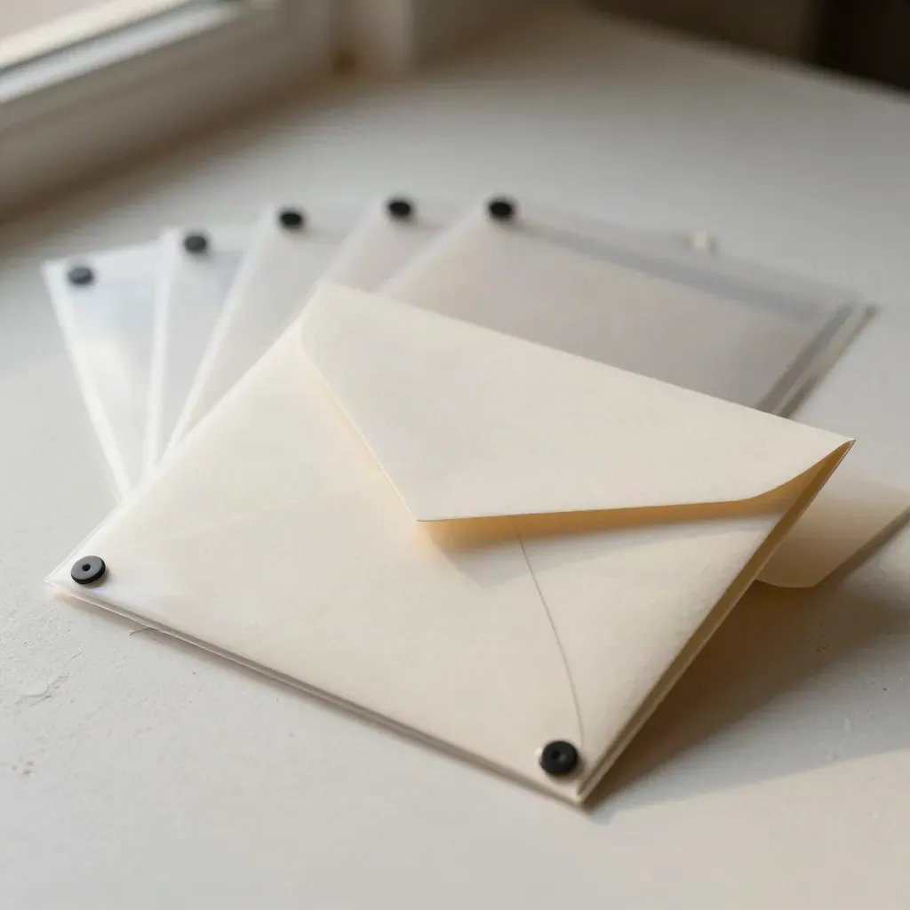 Sleeve trasparenti, fermagli neri e busta opaca su sweep chiaro, in ordine.