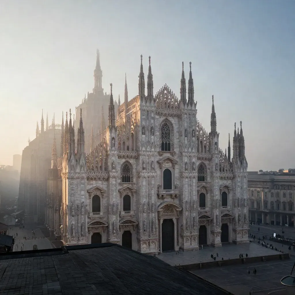 Milano all’alba con il Duomo in alto tra foschia e tetti calmi.
