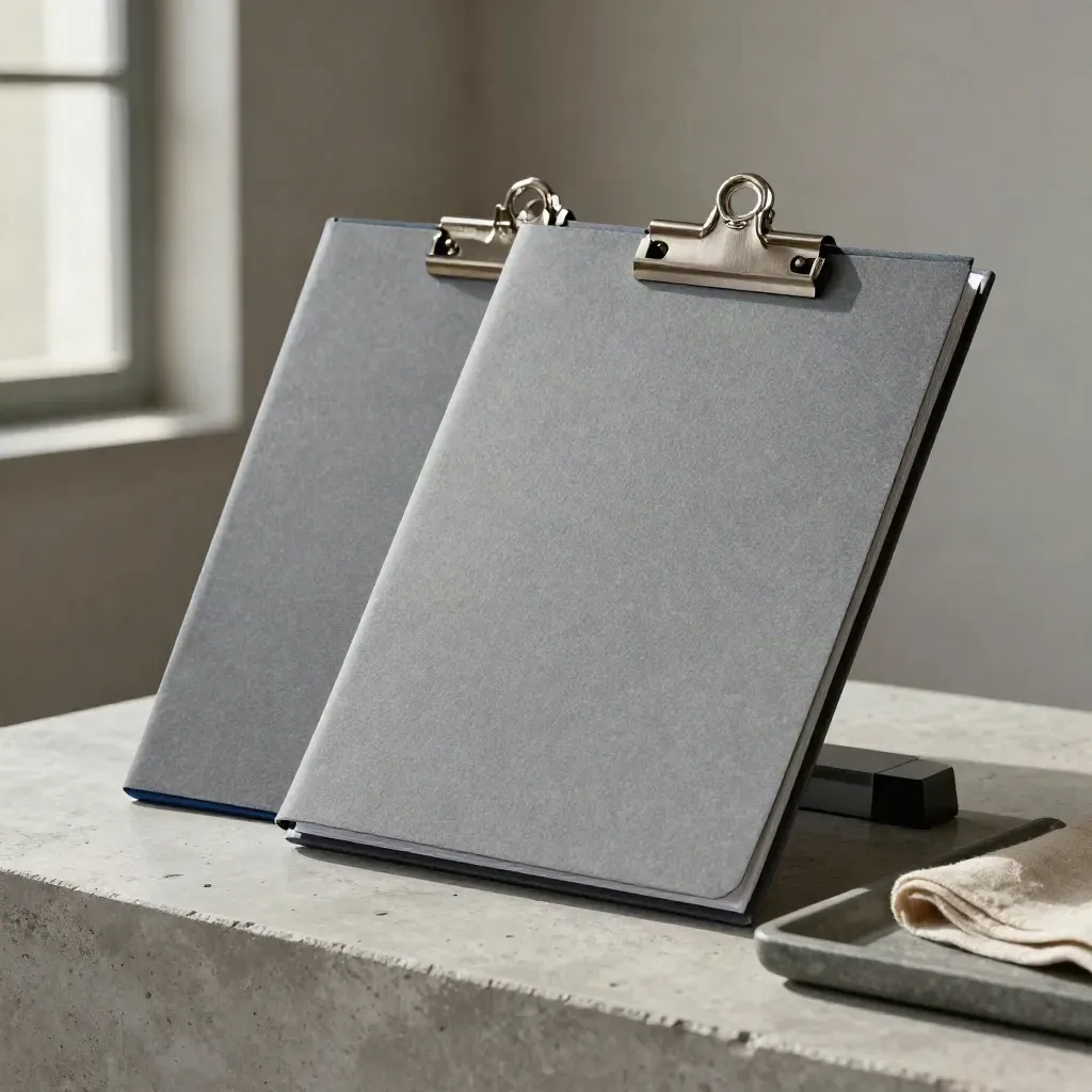 Cartelline sovrapposte con clip in acciaio e peso scuro su tray di pietra, luce morbida laterale