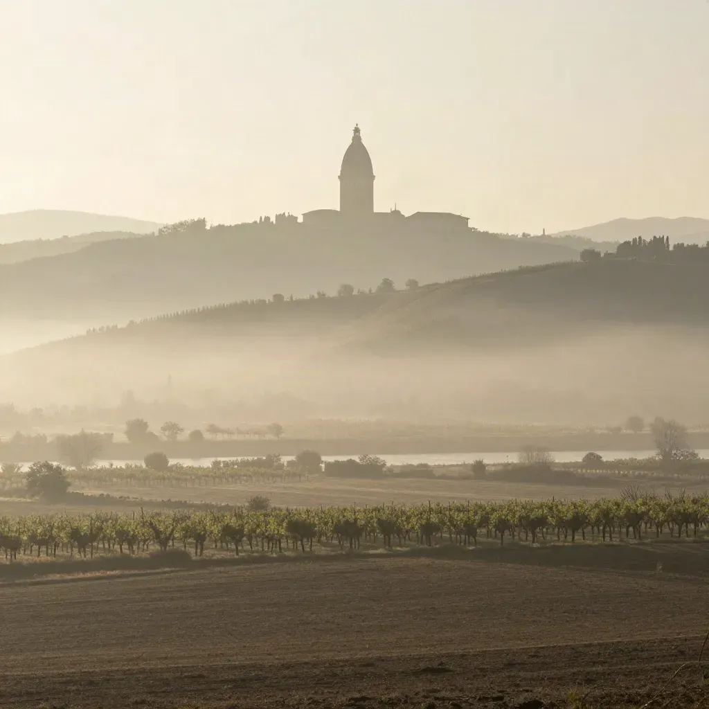Piemonte all’alba con la Mole Antonelliana lontana sopra colline morbide e nebbia.