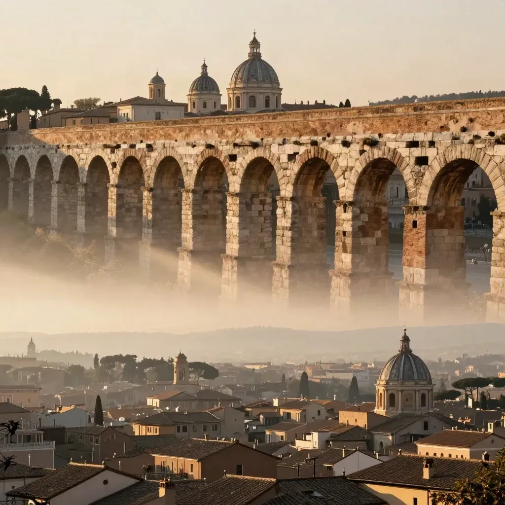 Roma al tramonto con acquedotto antico e cupole lontane, paesaggio morbido e dorato.